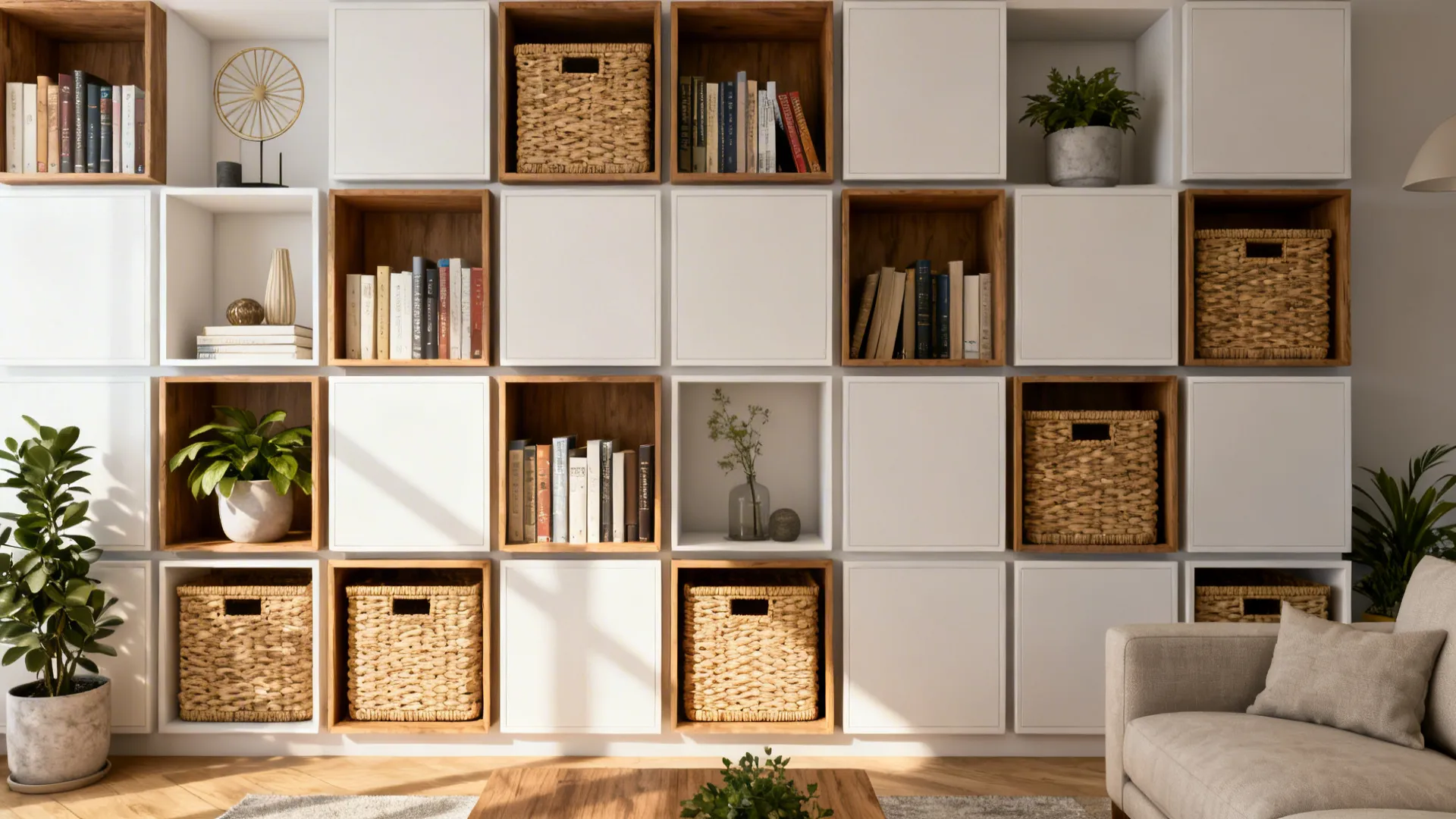 Modular cube shelving alternating open displays and baskets with plants and books