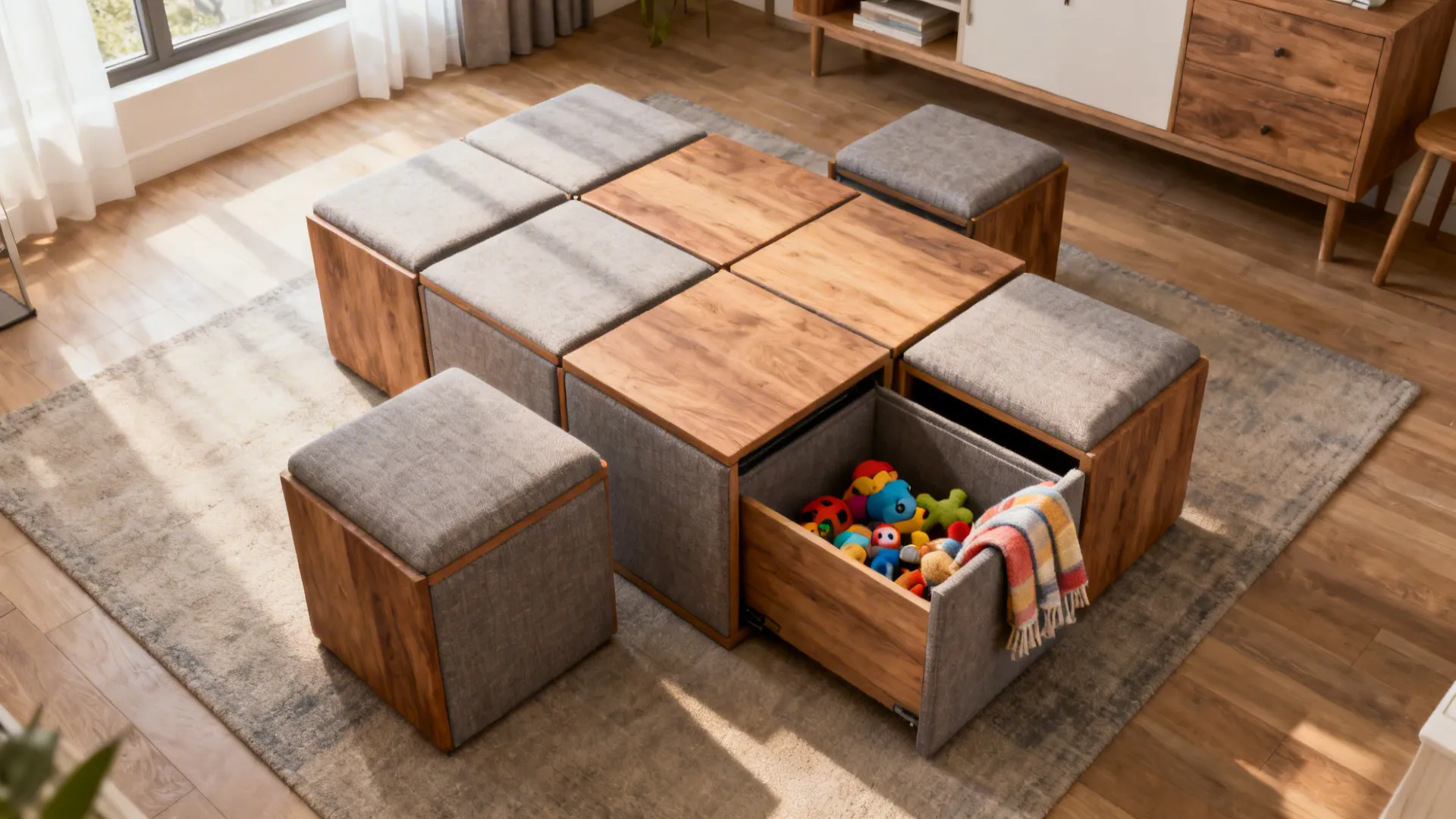 Modular coffee table with removable storage cubes arranged as seats and side tables