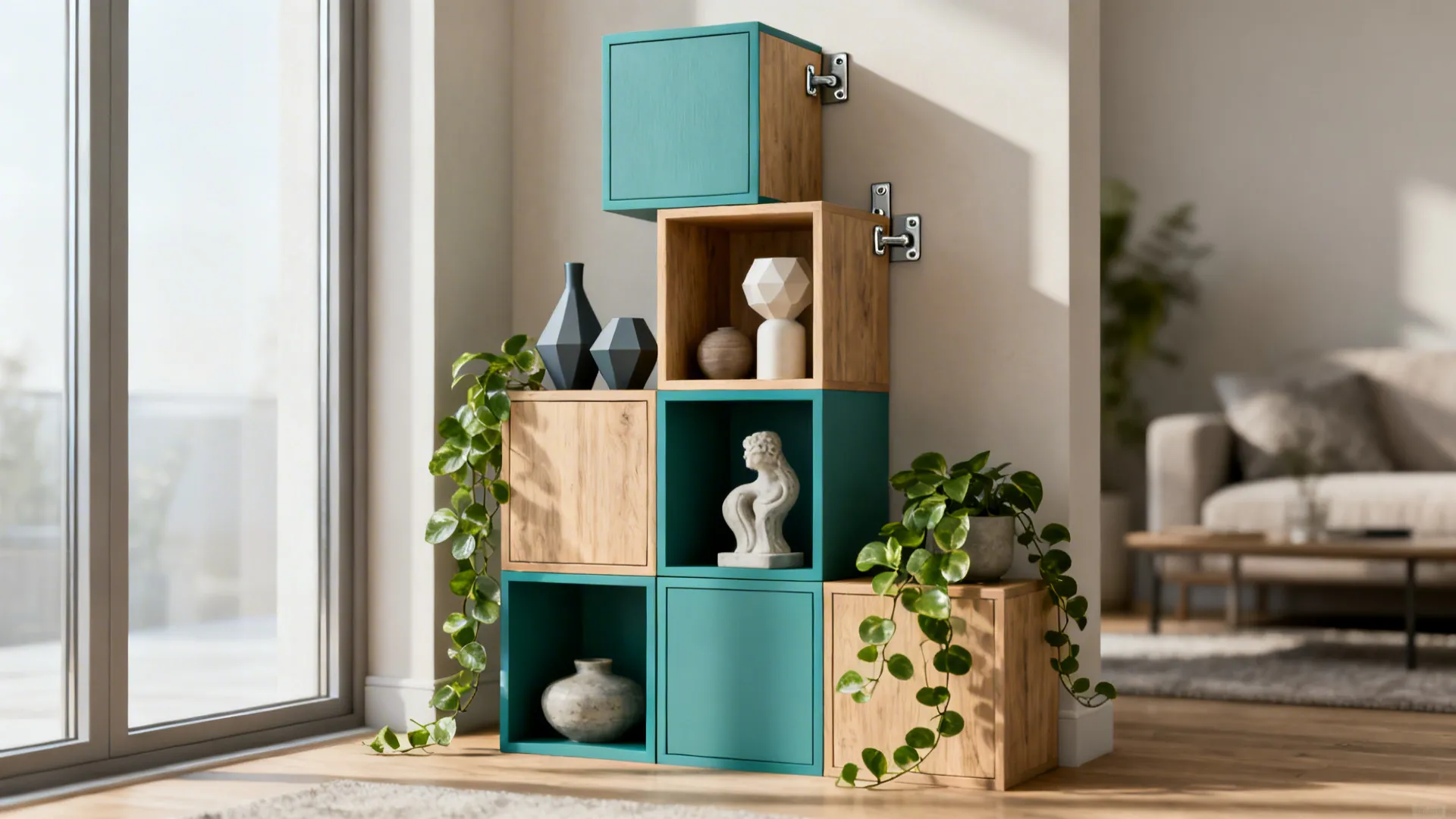 Modular cube shelving with open and closed units styled with decor and plants.