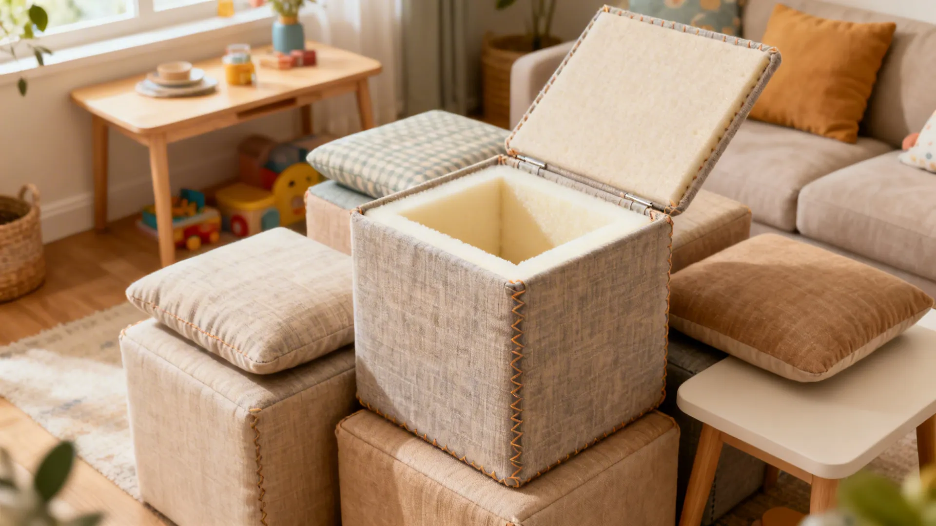 Modular cube tables used as extra seating and side tables with removable cushions in a family living room.