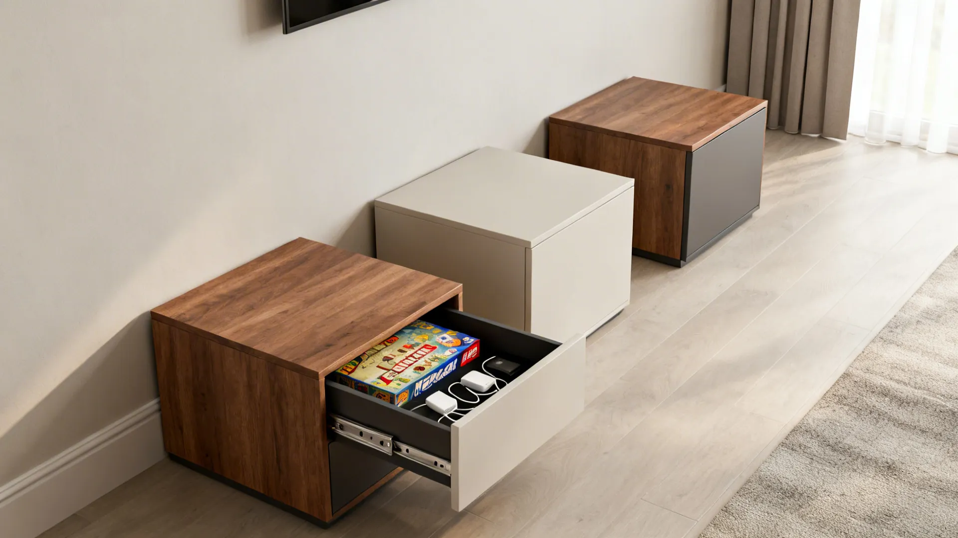 Modular cube tables along a wall with a pulled-out drawer showing board games and chargers.