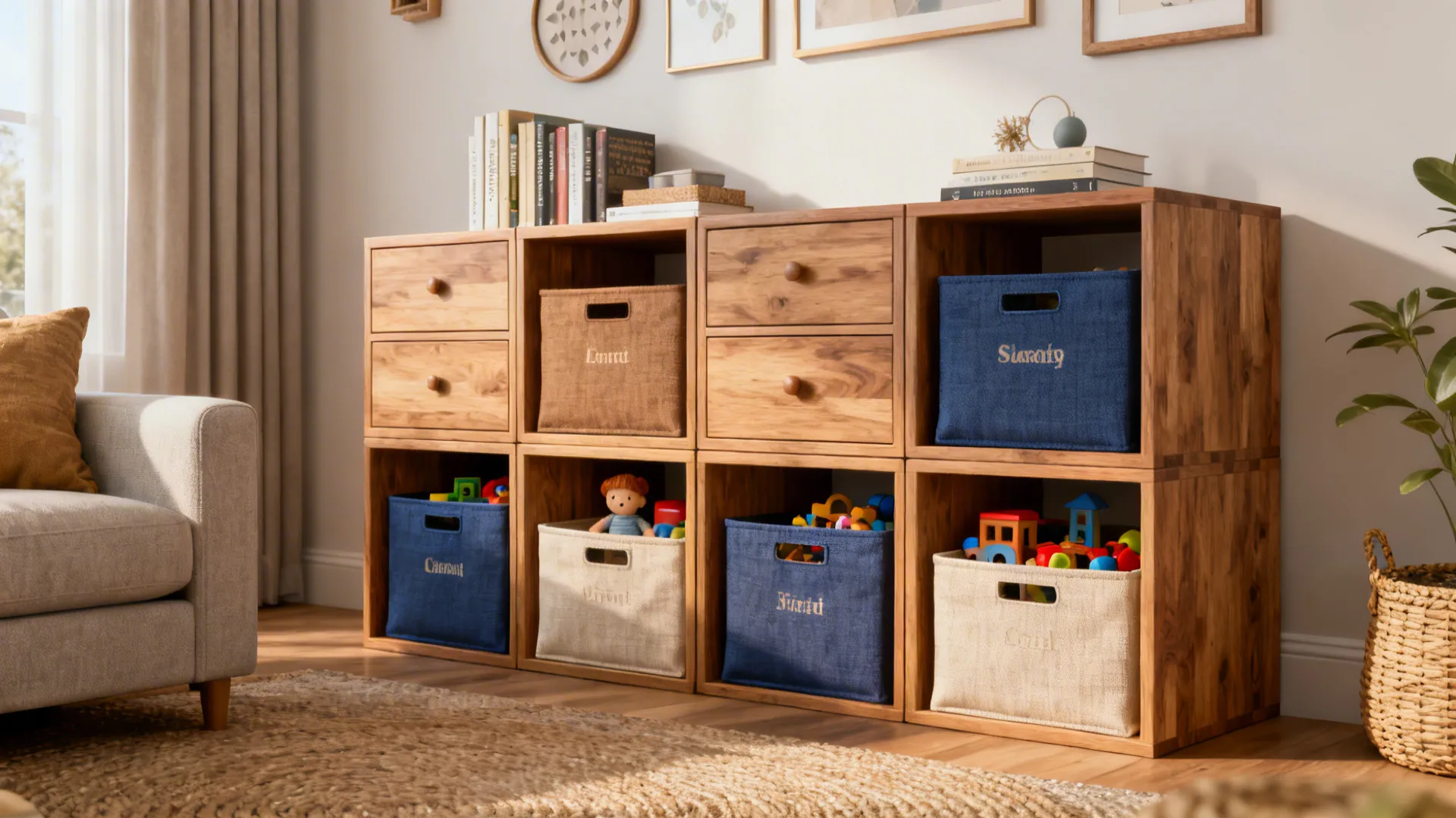 Wooden modular cube shelf with drawers and blue and beige fabric bins holding children toys