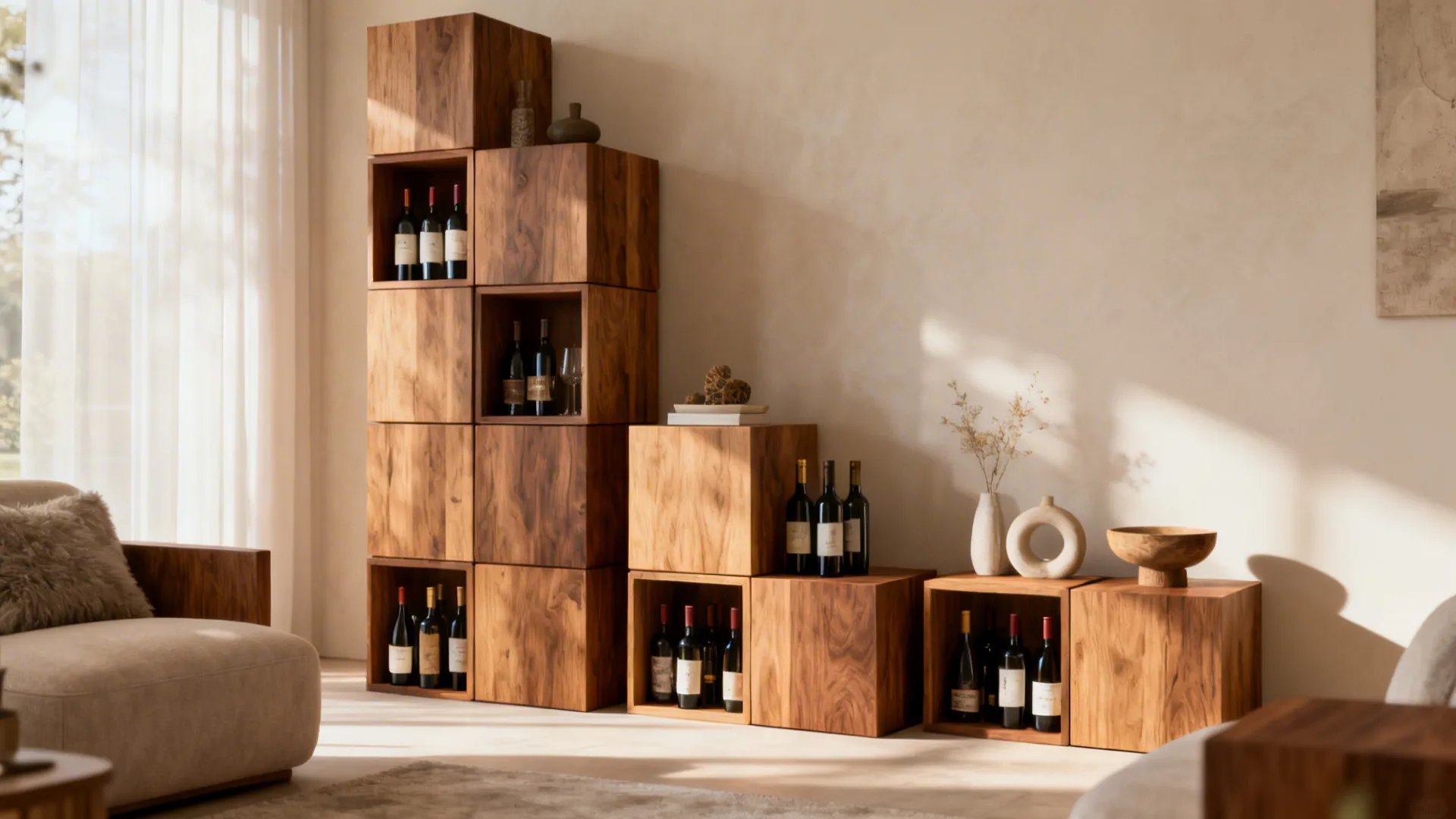 Modular wooden cubes stacked as wine storage and display in a living nook.