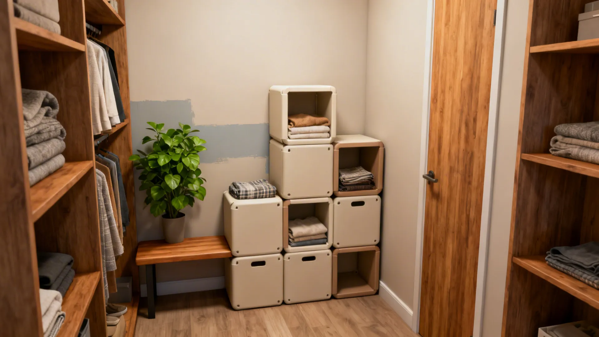 Stackable modular cubes arranged as shelving and a bench inside a tiny closet.