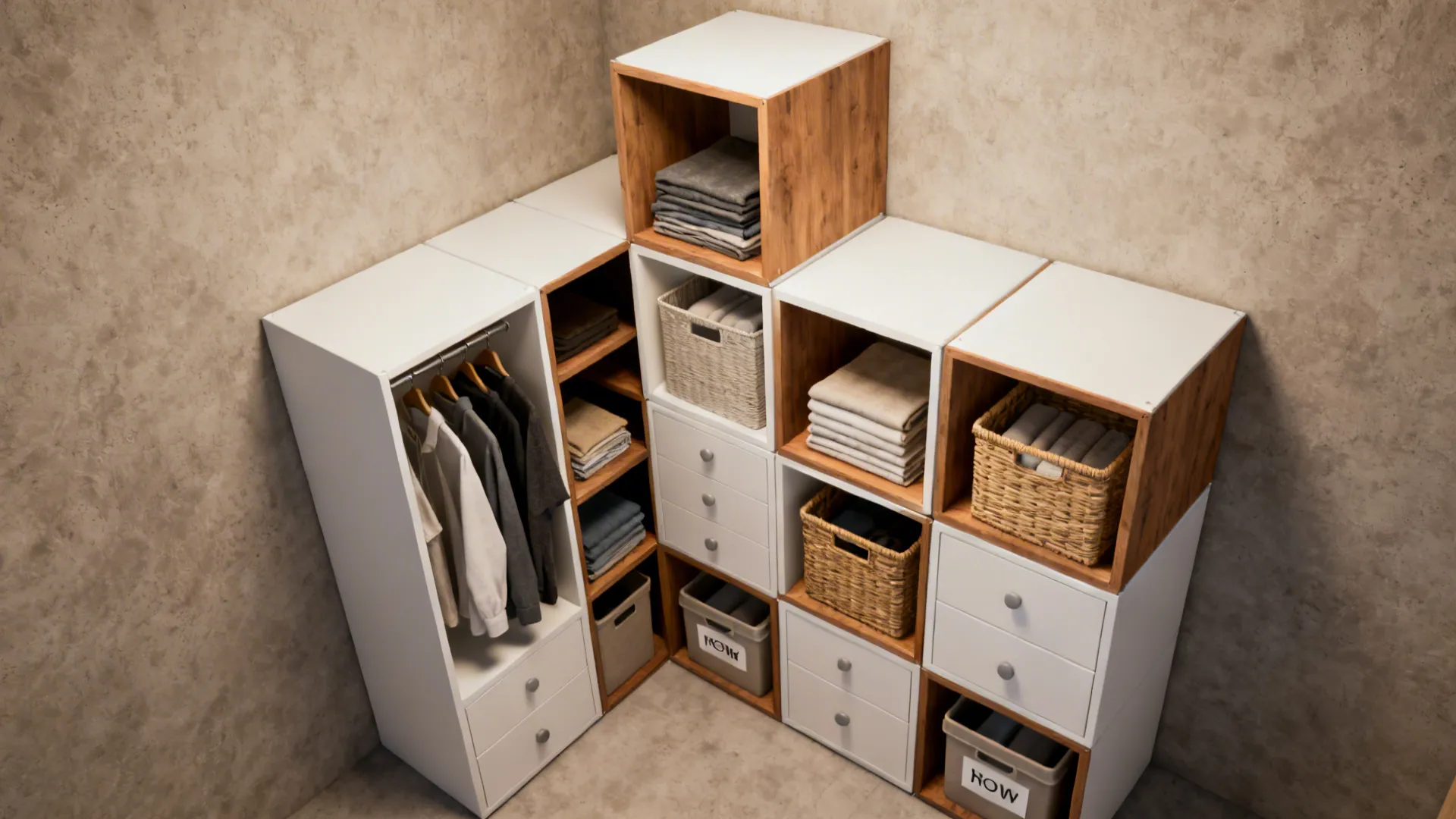 Modular cube storage with drawers, baskets and a hanging module, shown arranged for mixed storage.