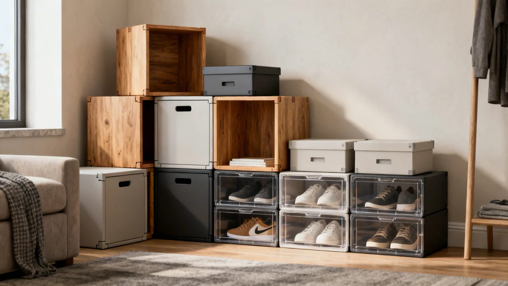 Modular cube storage and stackable boxes configured in a small living area for shoes