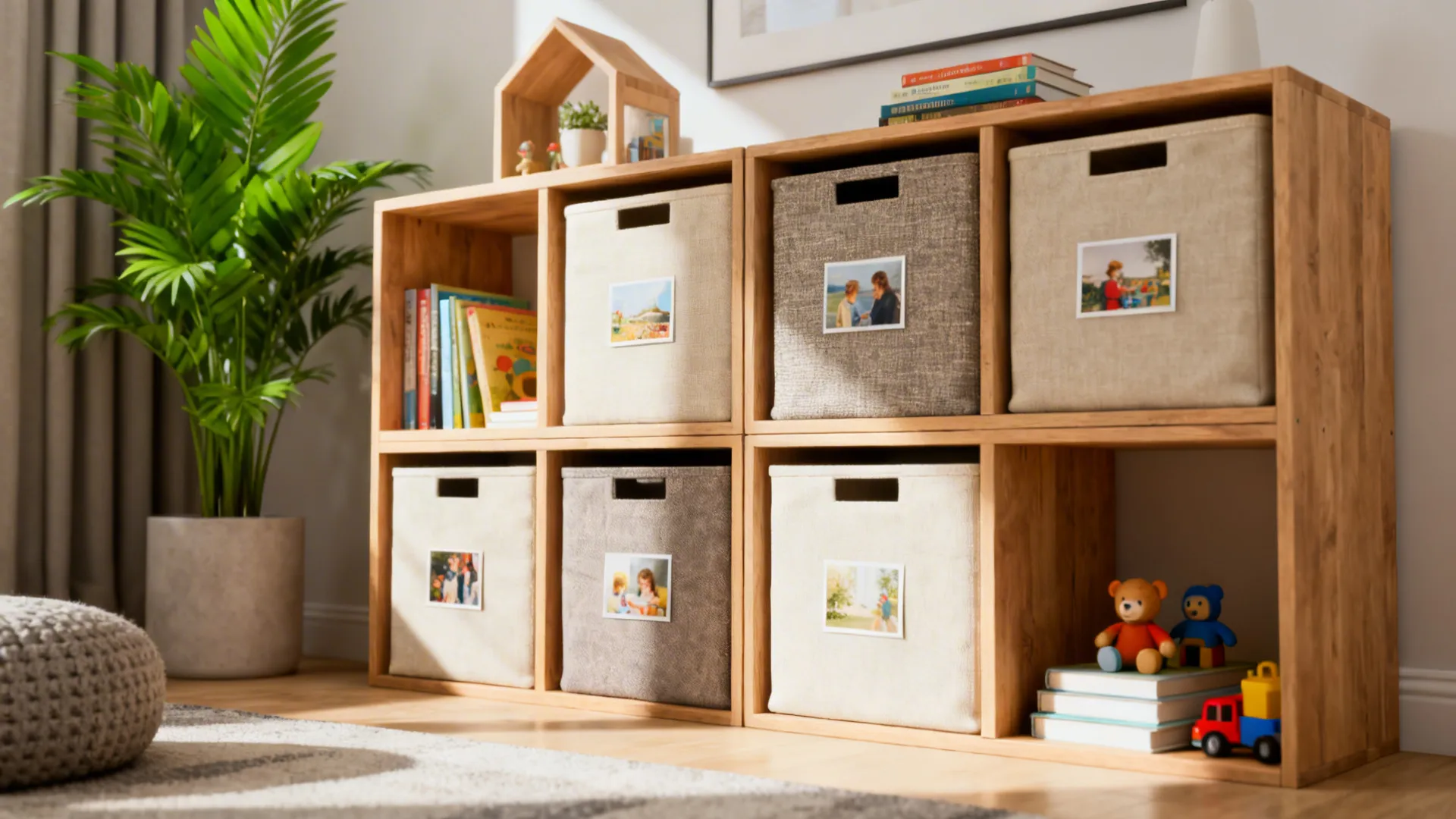 Modular cube shelving with neutral fabric bins and labeled pictures for toy organization