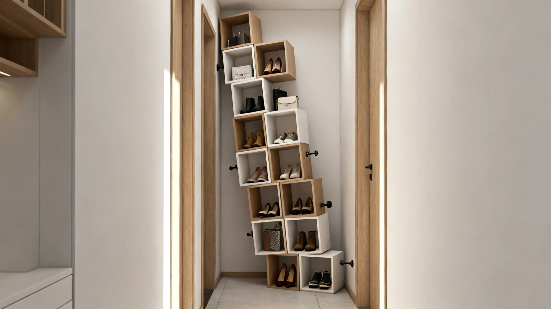 Modular cube shelving configured as an angled shoe wall in a narrow hallway.