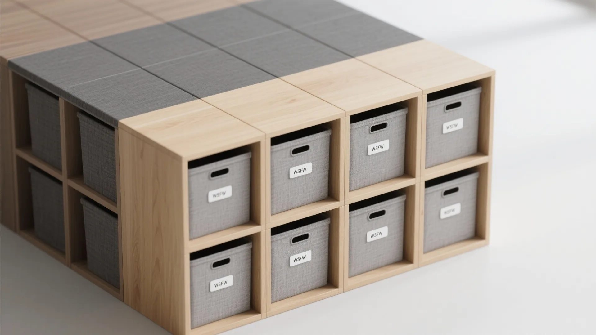 Modular light wood storage cubes with grey fabric storage bins and white labels on front