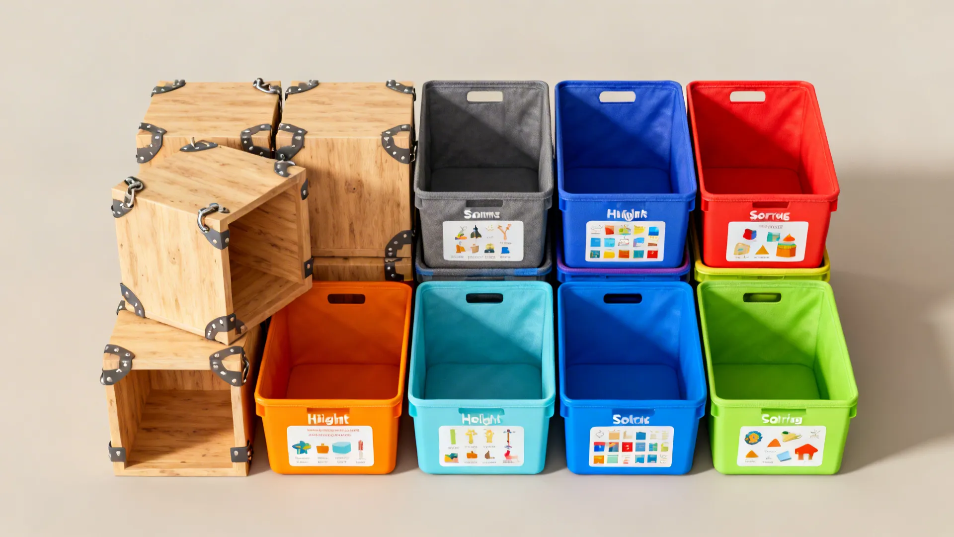 Modular storage cubes with stackable labeled bins and anchor straps in neutral and pastel colors.
