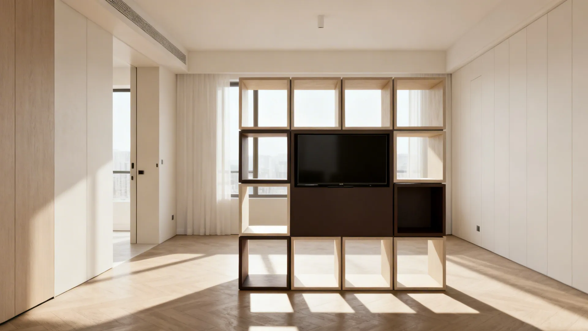 Open modular cube units used as a freestanding divider in a small studio living space.