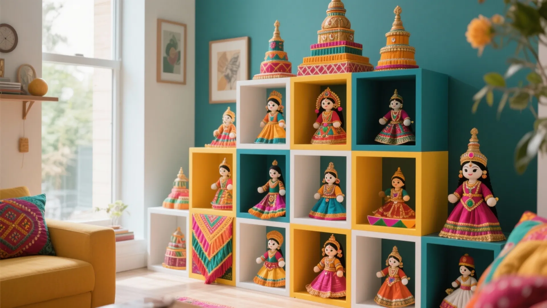 Colorful modular storage cubes in yellow teal and white showcasing traditional dolls in a modern room