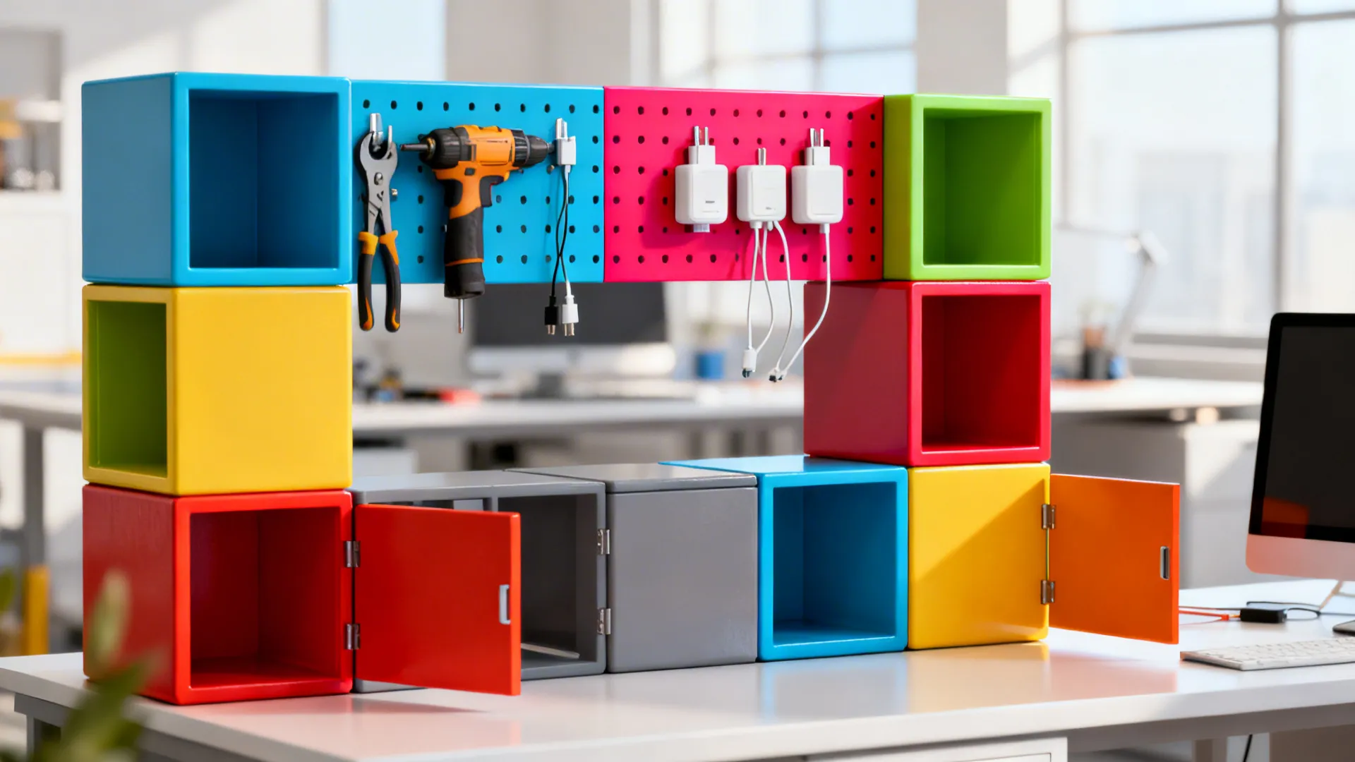 Stackable modular cubes combined with a bold-colored pegboard for tools and chargers