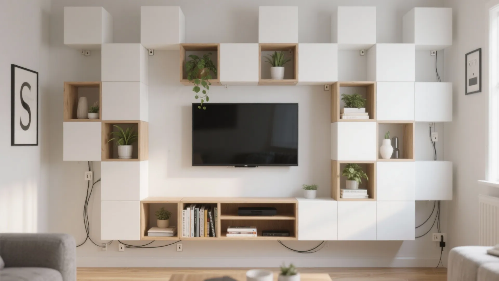 Modern living room wall with white and wood modular cubes surrounding a black television screen