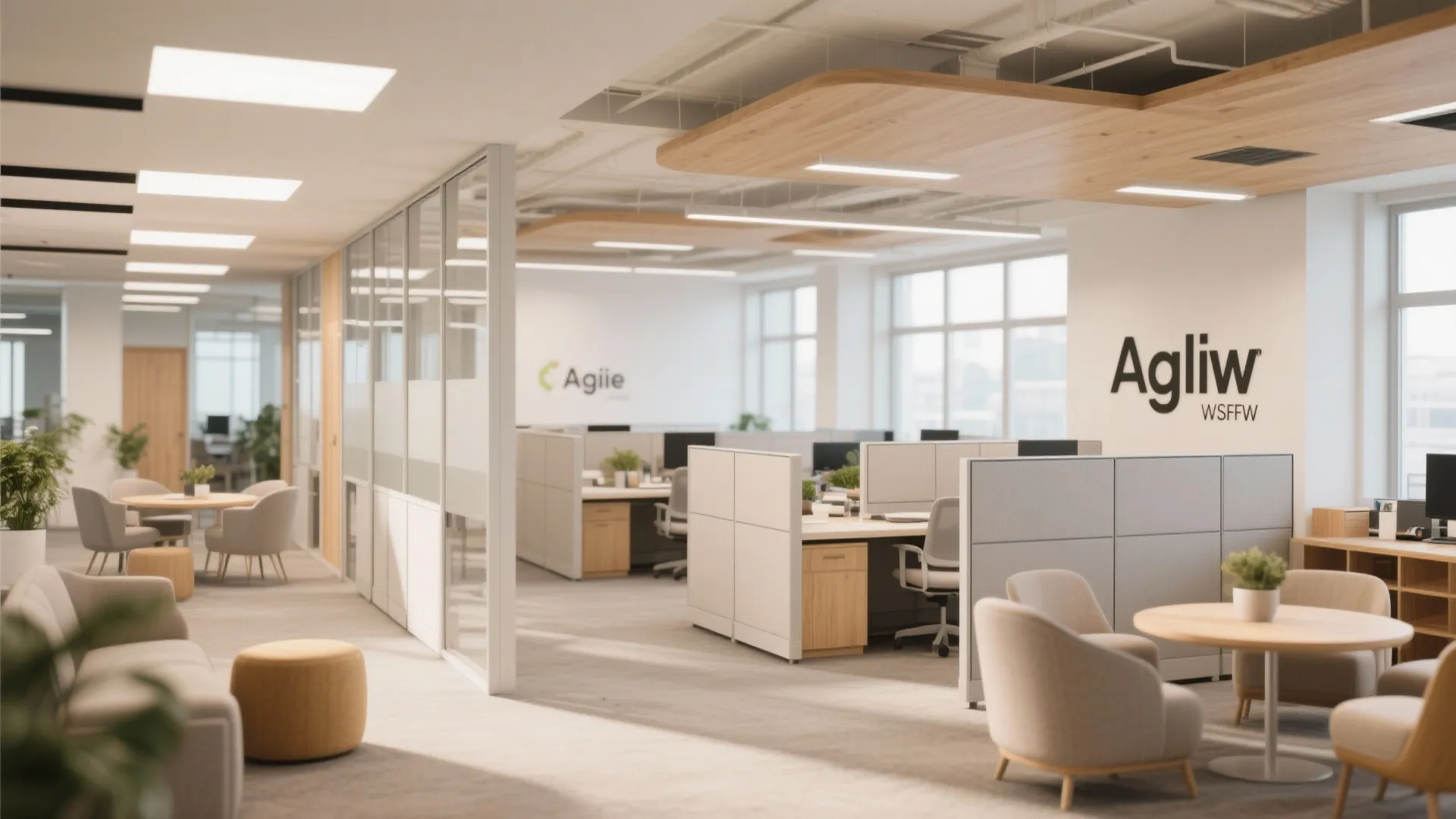 Spacious office interior with modular desk cubicles meeting tables comfortable armchairs and wooden ceiling design elements