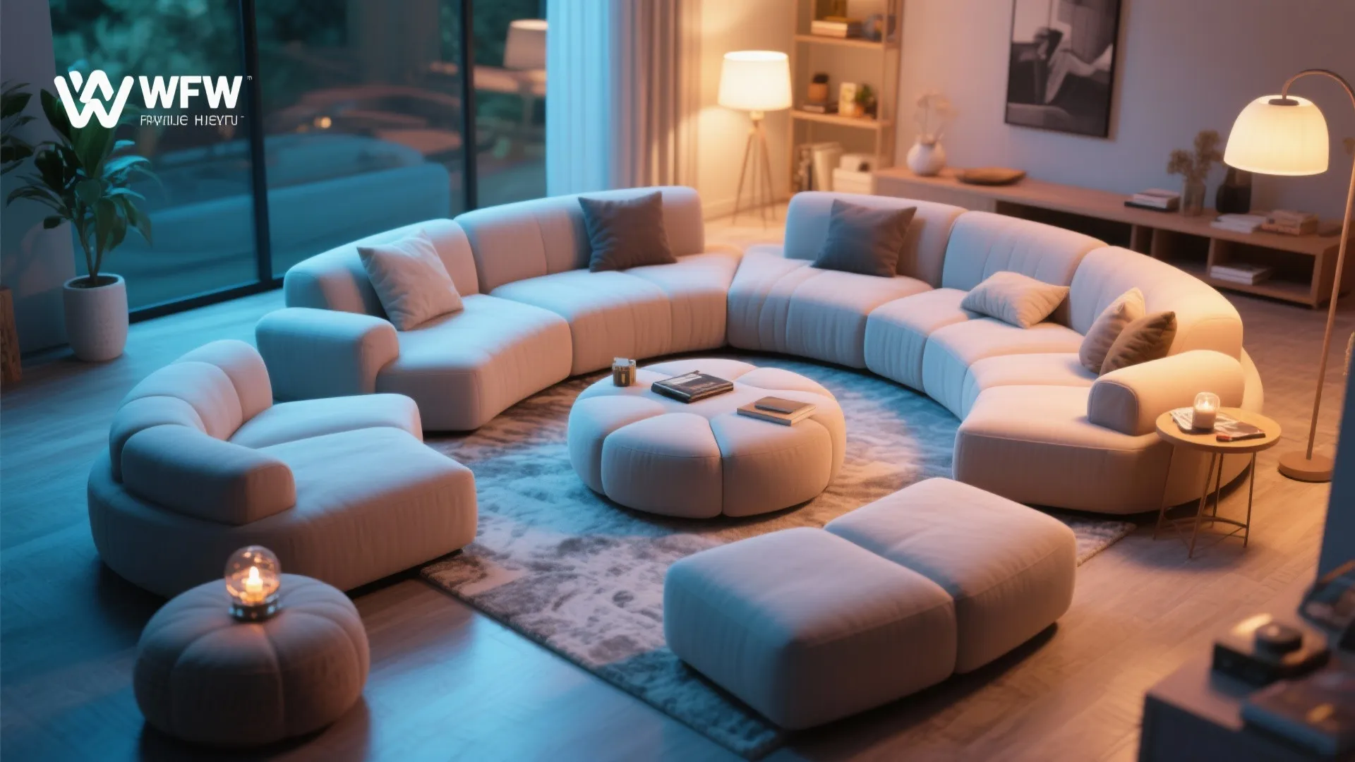 Modular curved seating arranged for comfort