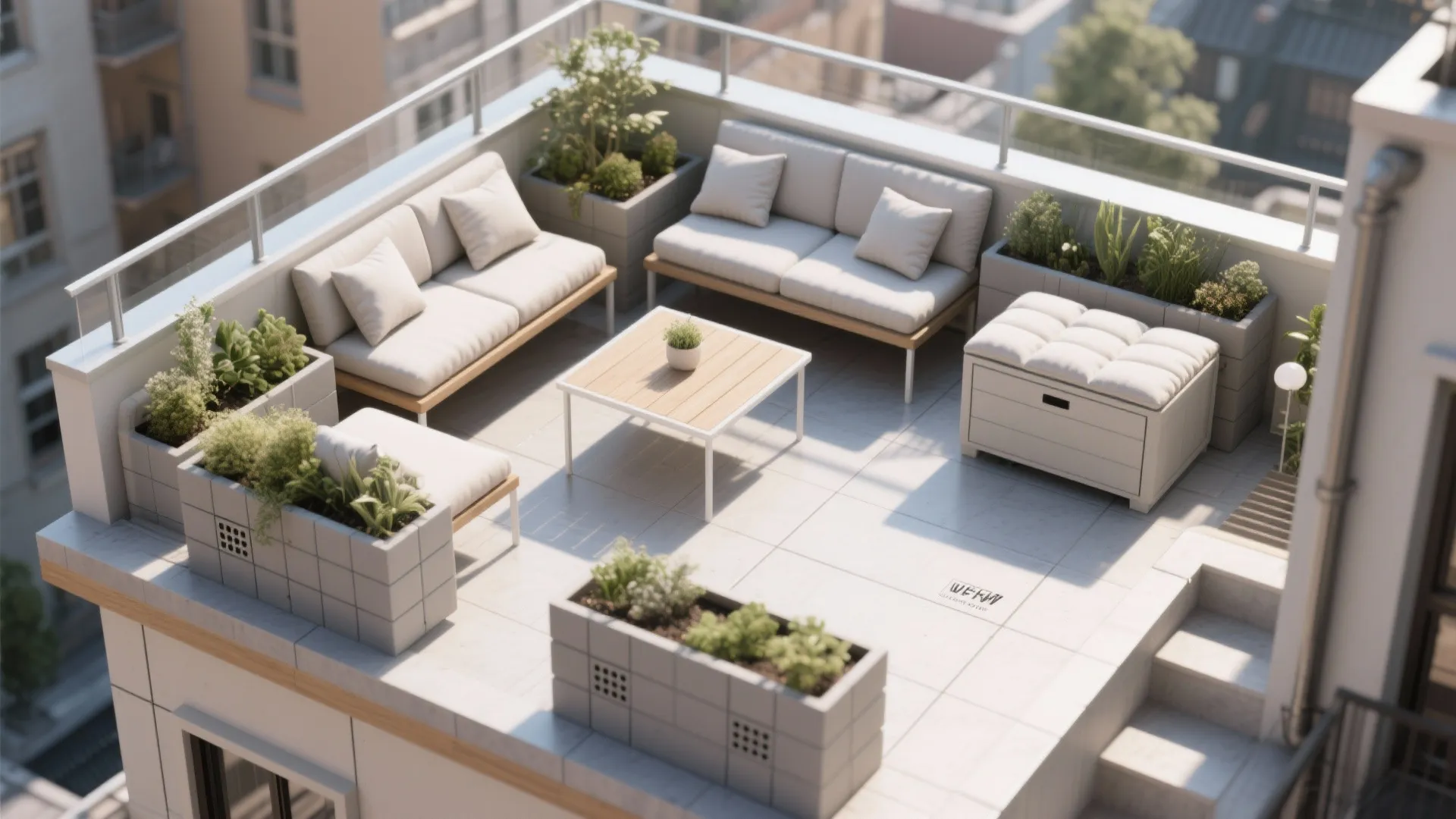 Top-down view of modular cushion blocks and moveable planter benches arranged in reconfigurable seating layouts on a small rooftop.