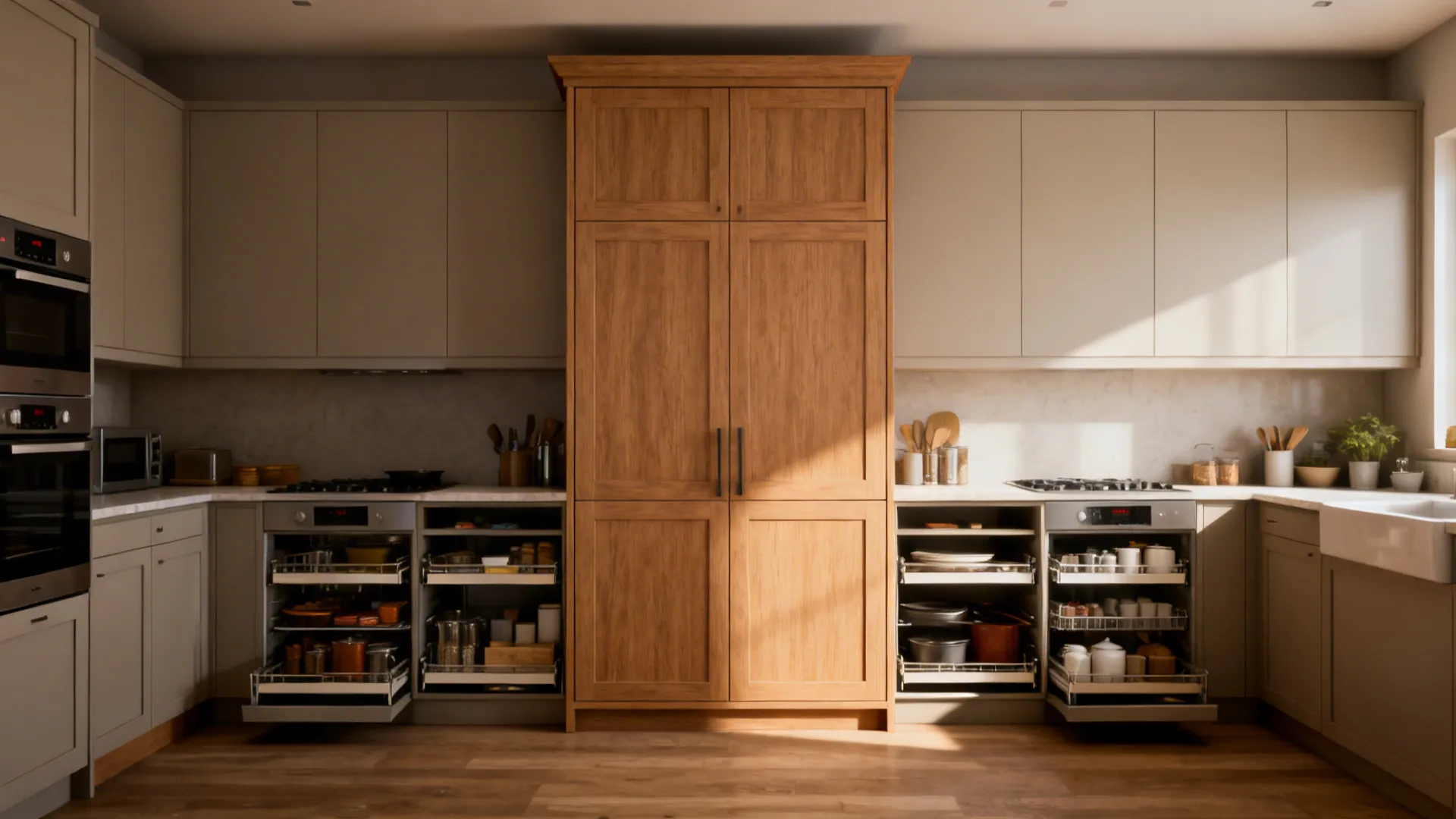 Large wood cabinet between gray kitchen cupboards with open drawers showing pots and pans inside