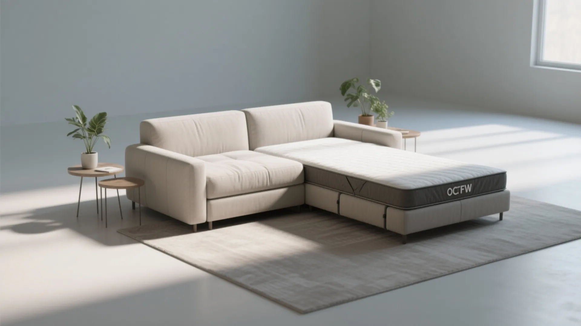 Modern cream sofa with extended seat on rug next to small side tables and potted plants