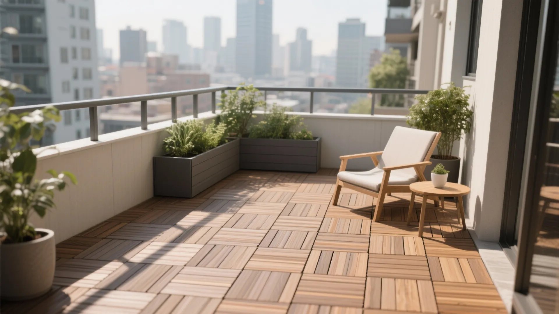 Interlocking composite deck tiles in a herringbone pattern on a small balcony with plants and a chair.