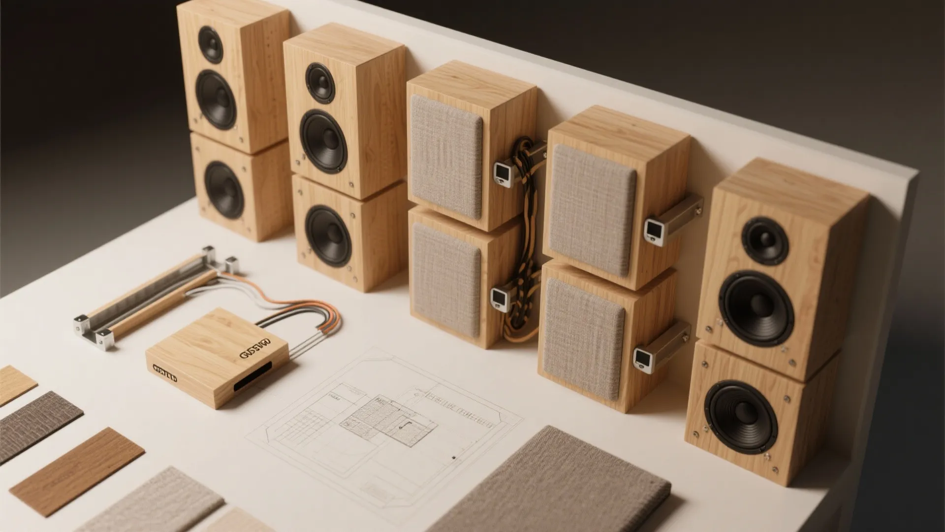 Top-down flatlay of modular speaker boxes, fabric panels, wood swatches and a wiring schematic overlay.