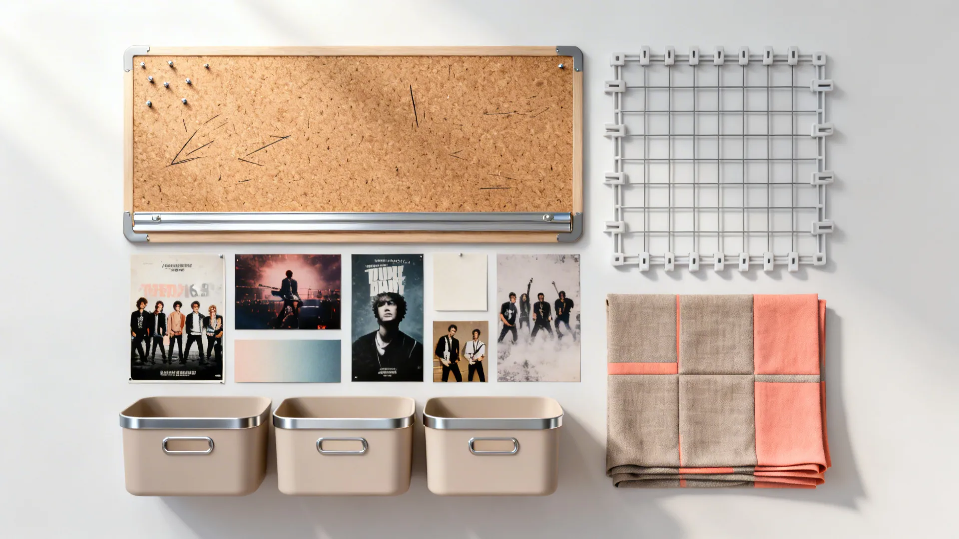 Top-down flatlay of modular decor ideas: pinboard, magnetic strips, posters, and fabric swatches for a teen room.