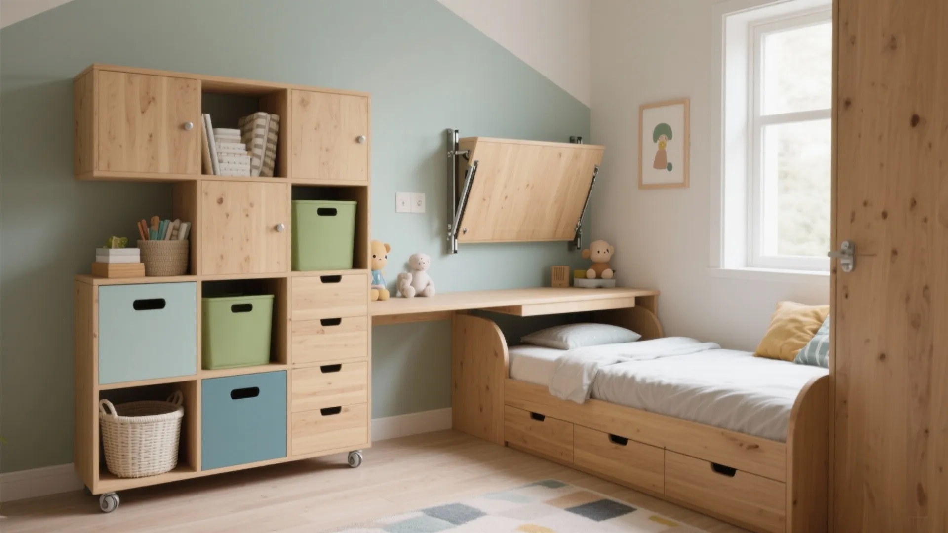 Kids bedroom with wooden bed storage drawers desk and wall shelves with green storage boxes