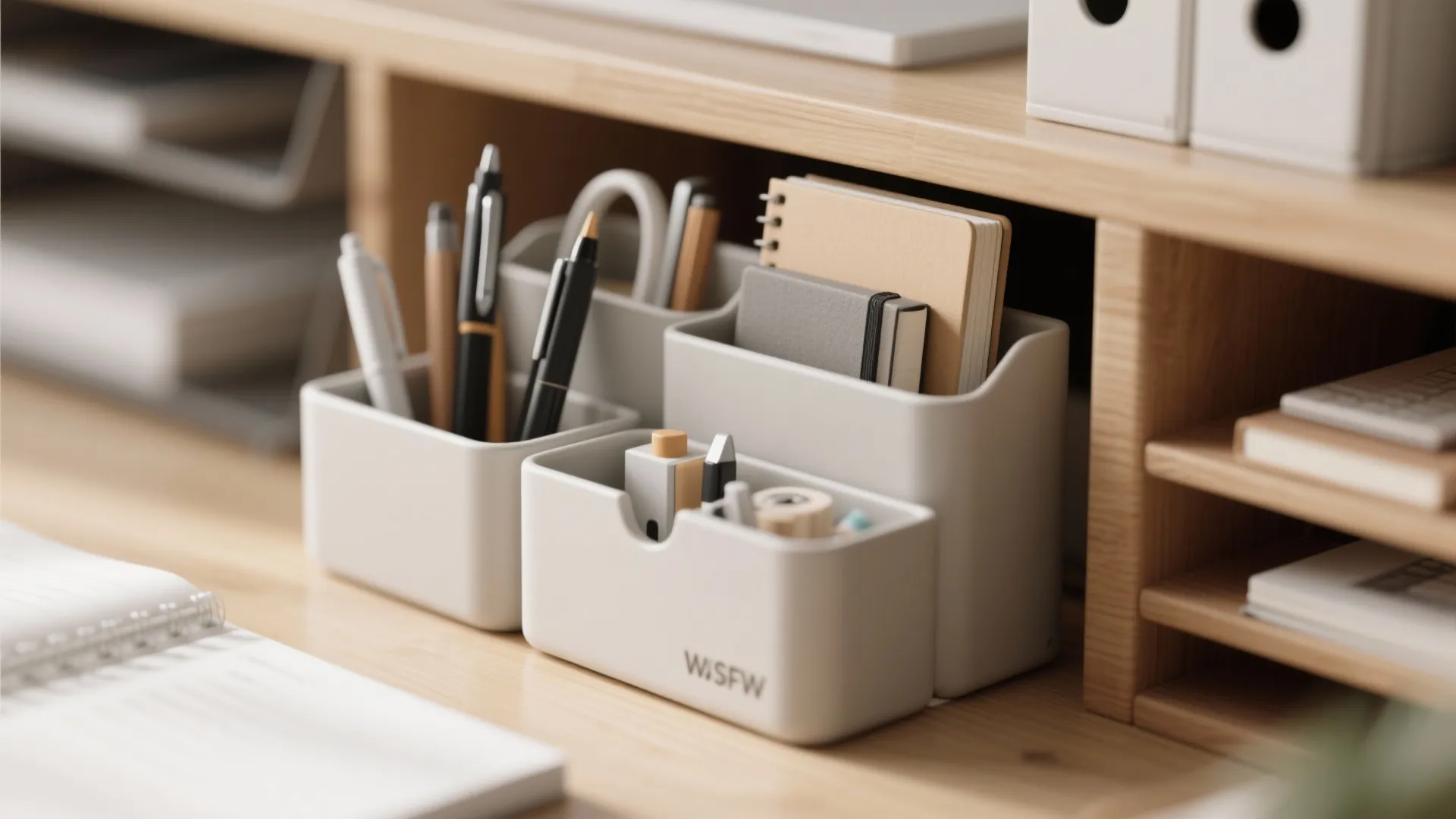 Close up of grey modular desk organizer with pens, notebooks, and supplies on wooden desk