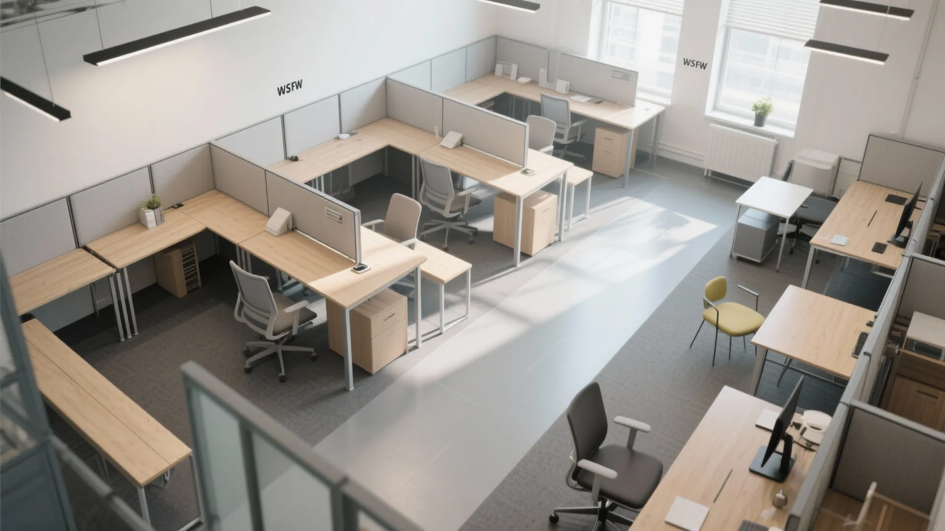 Top-down view of a small office layout with modular desks, folding partitions and multipurpose benches for flexible use.