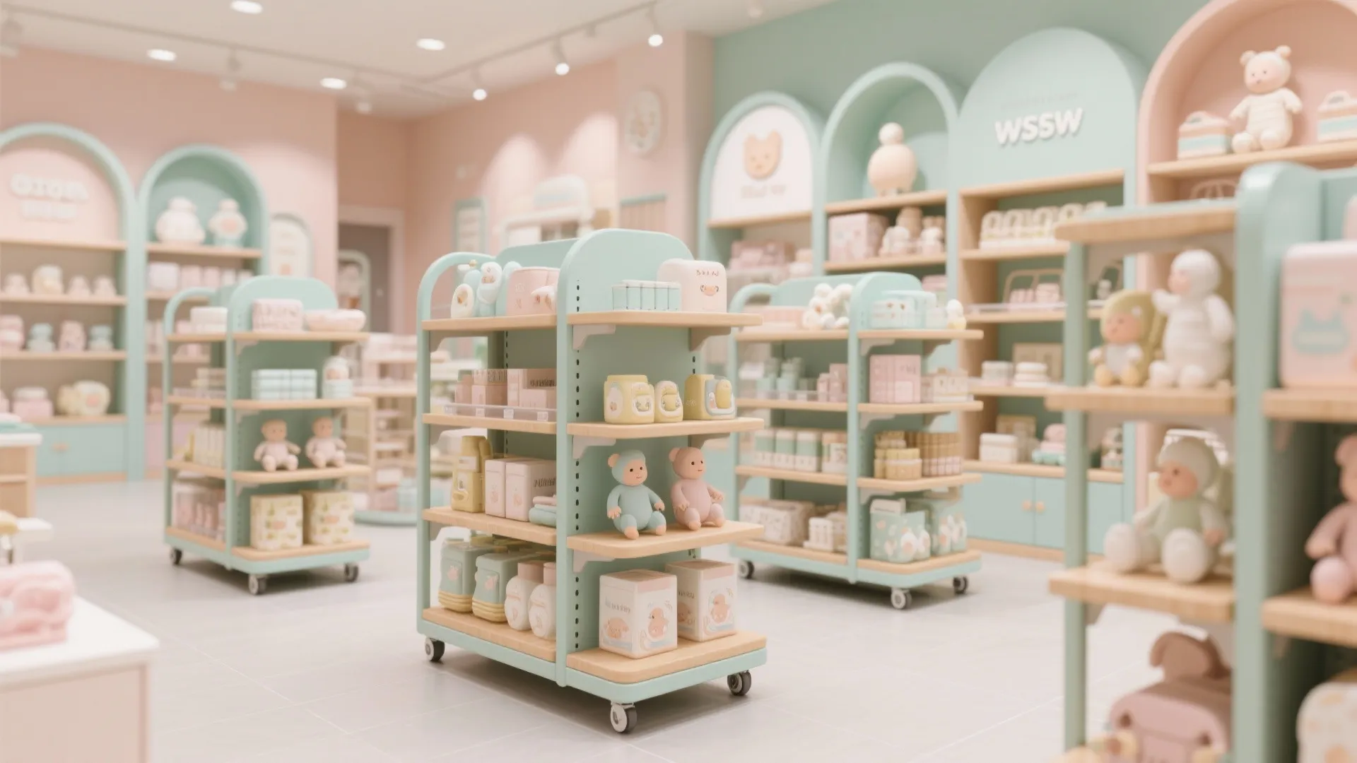 Modern baby store with mint green rolling shelves displaying toys and various infant care products