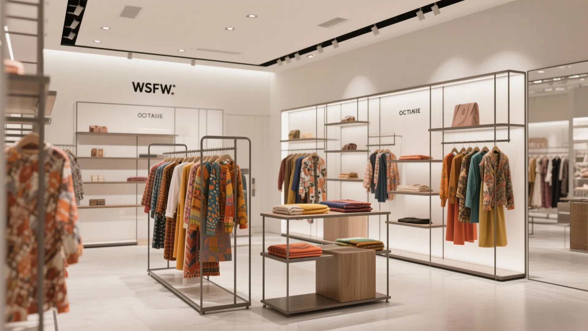 Modern clothing store interior with colorful clothes on metal racks and white wall display shelving