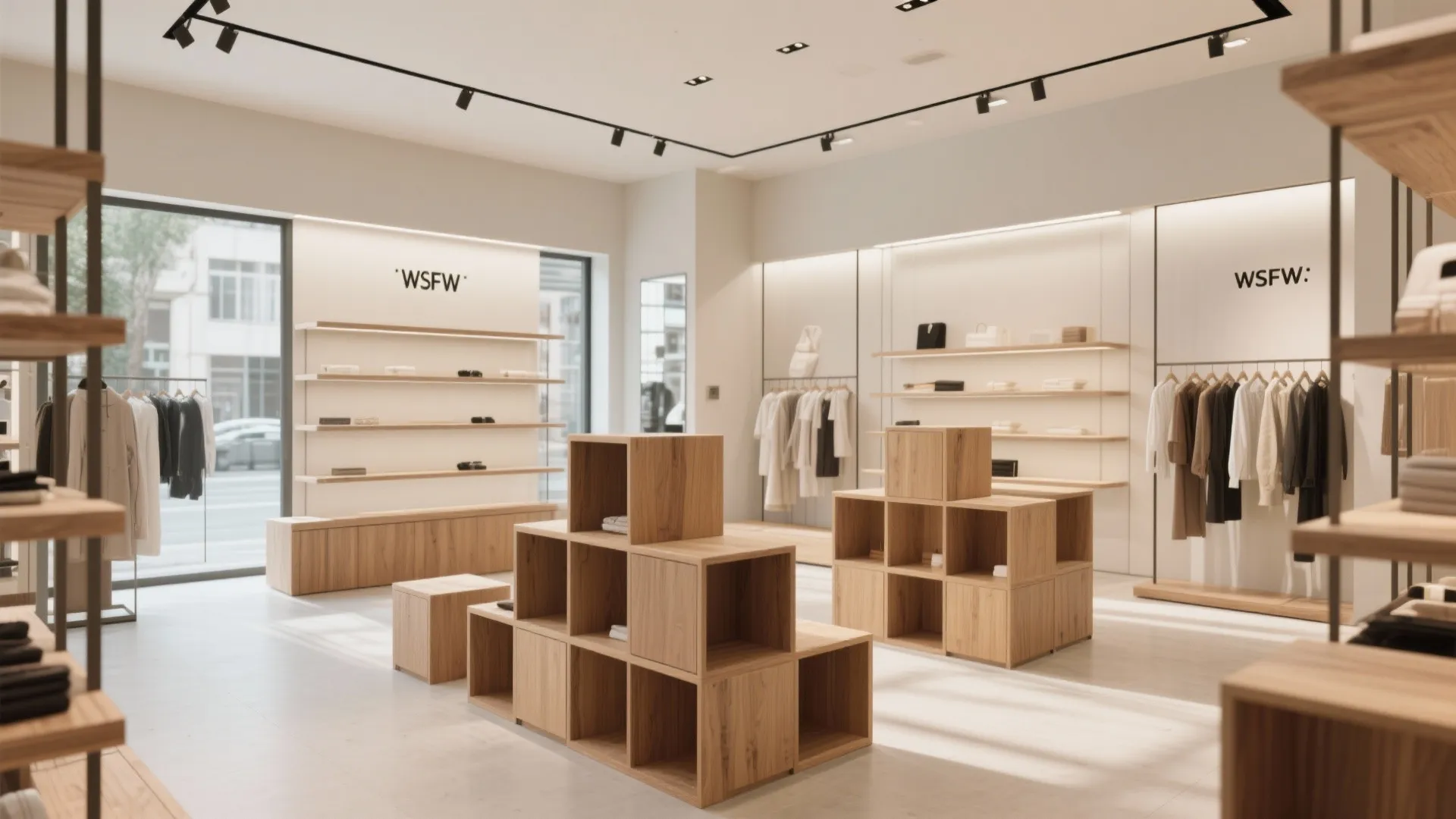 Modern retail store interior featuring wooden modular display cubes and clothing racks with minimalist bright lighting