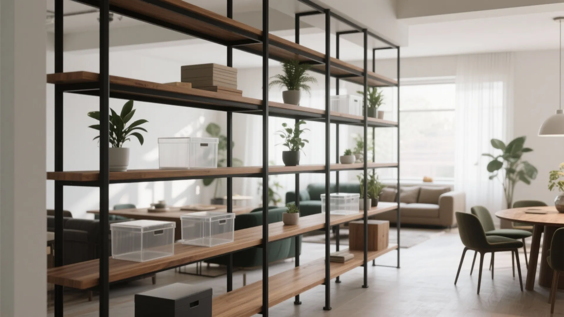Large wooden and black metal open bookshelf used as a room divider in an open apartment