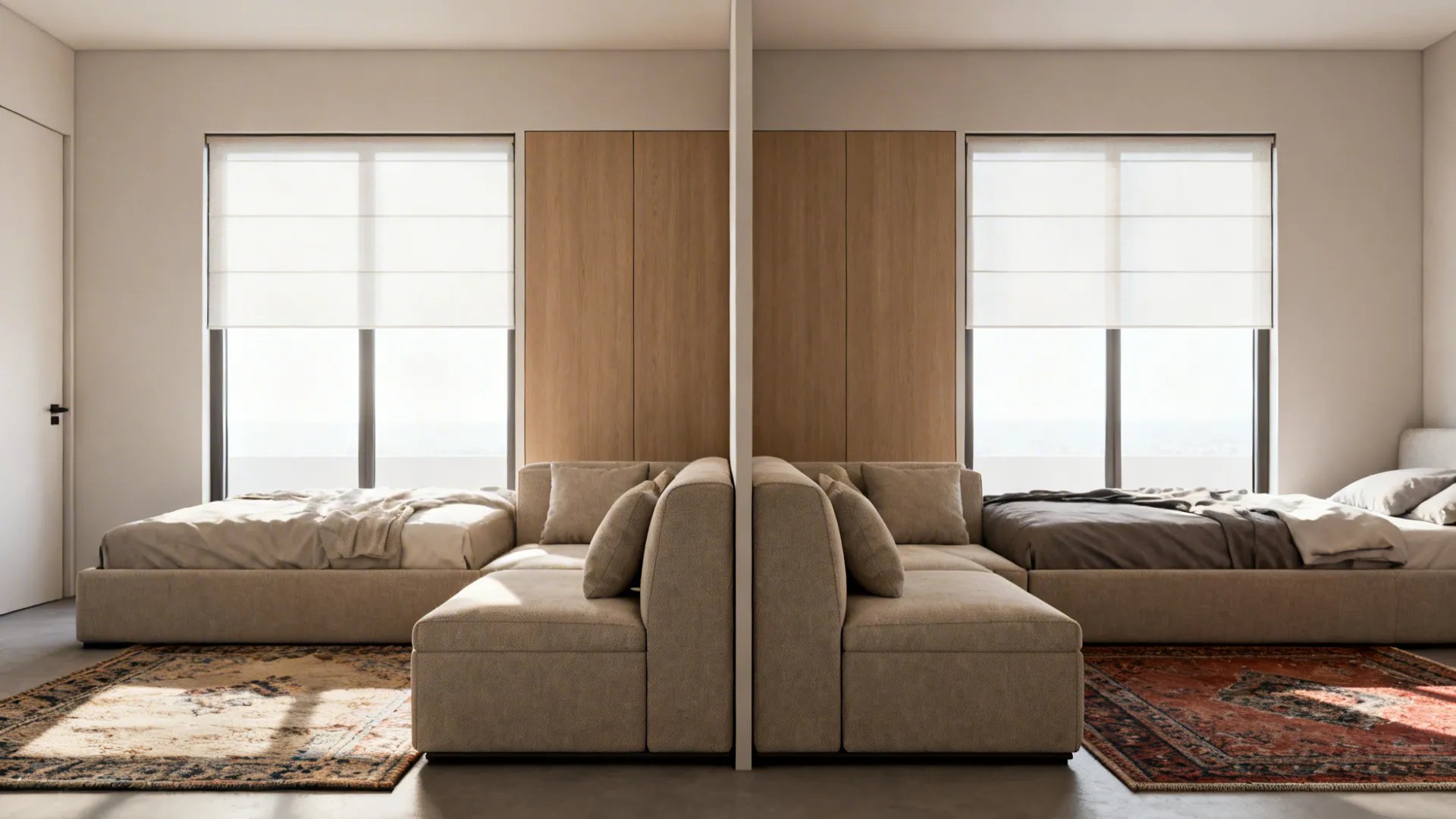 Modular sectional units used perpendicular to define living area and screen a sleeping zone in a studio.