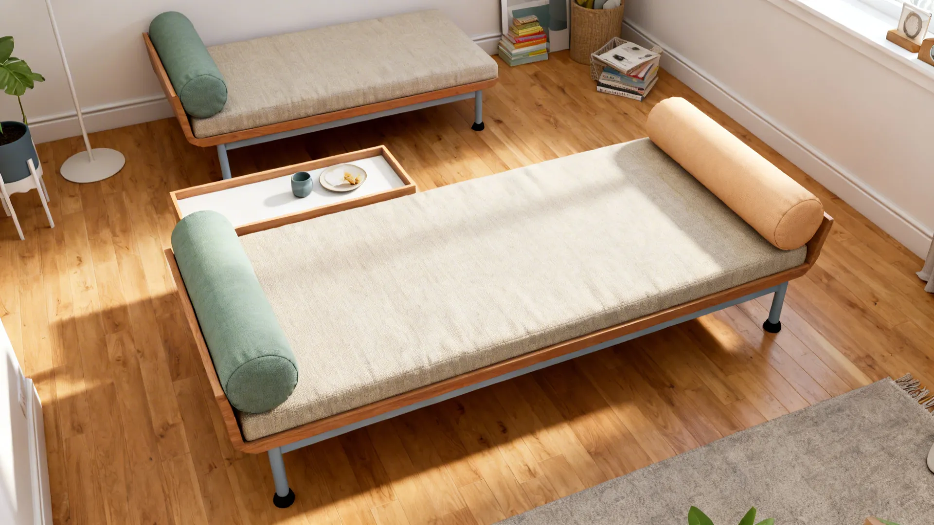 Top-down view of a modular diwan with movable bolsters arranged in multiple configurations.