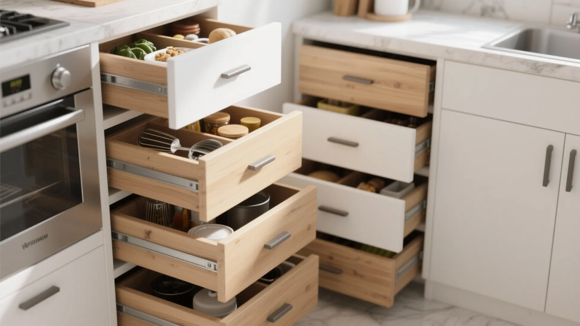 Open wooden kitchen drawers with metal rails showing organized storage for cooking tools jars bowls