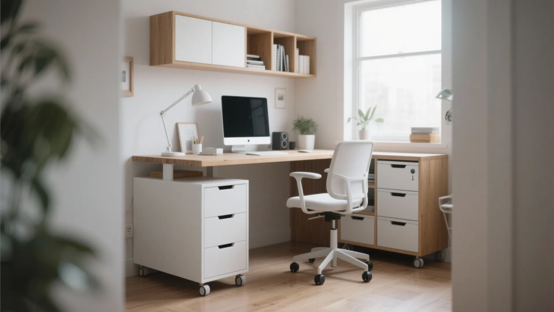 Modern home office with wooden desk white chair rolling storage cabinet wall shelf and natural light