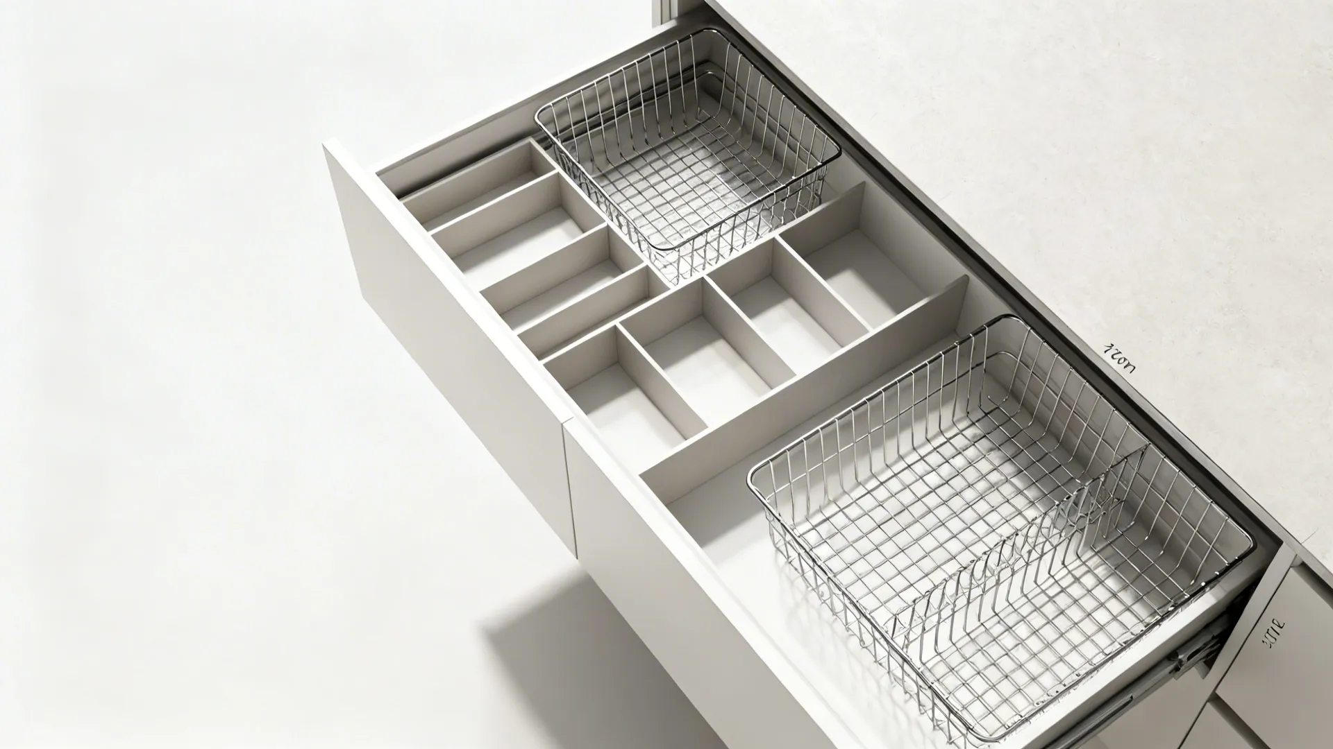 Top-down view of modular baskets in a drawer arranged in a precise grid.