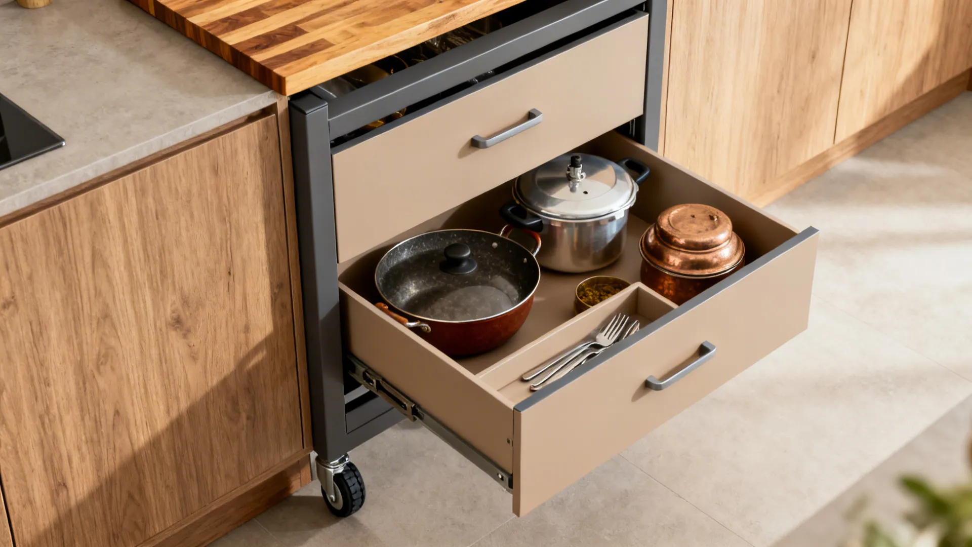 Open kitchen drawer trolley on wheels holding cooking pans metal pot and cutlery in kitchen