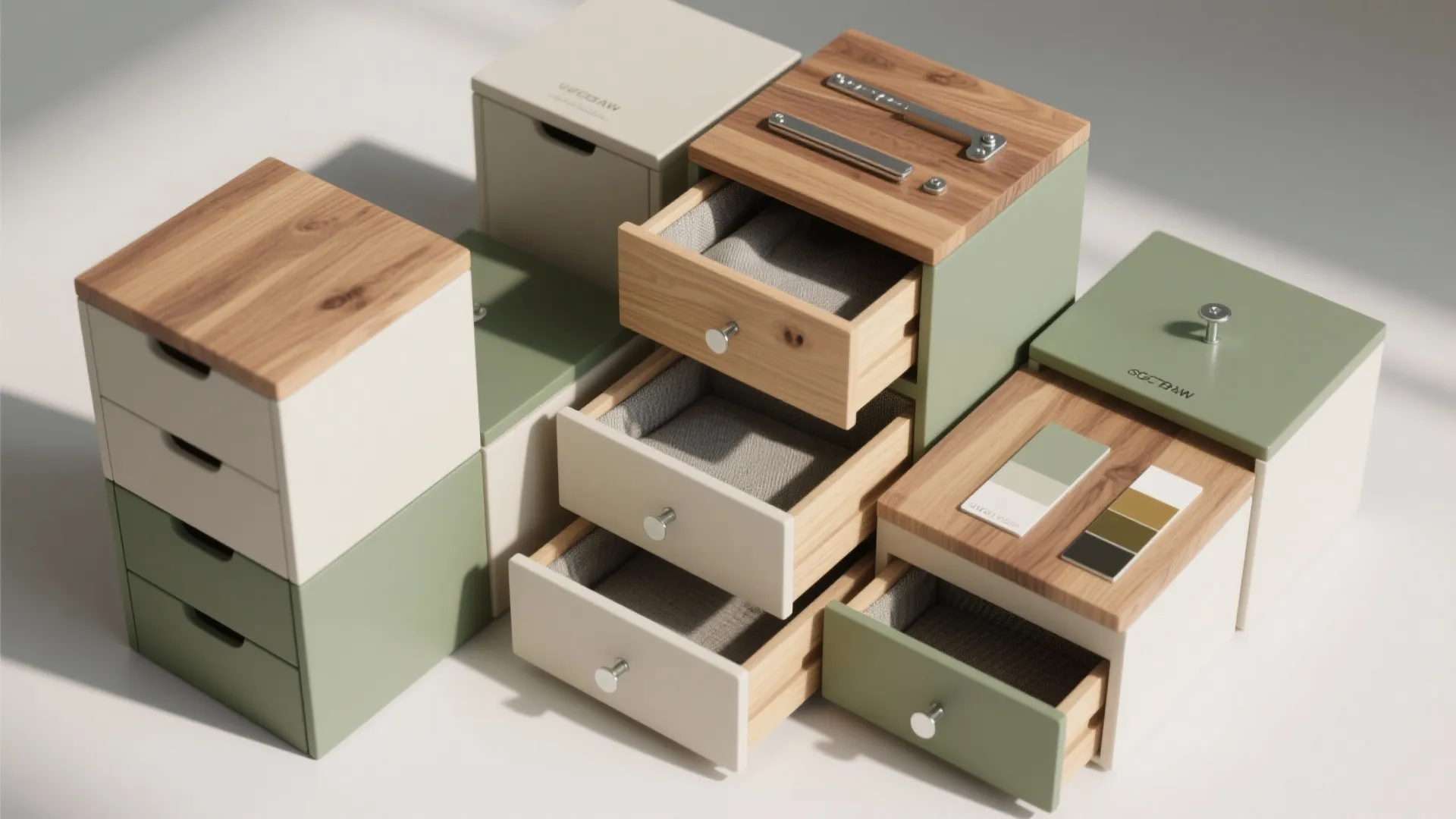 Collection of modular storage boxes with wood tops and green and white colors for home