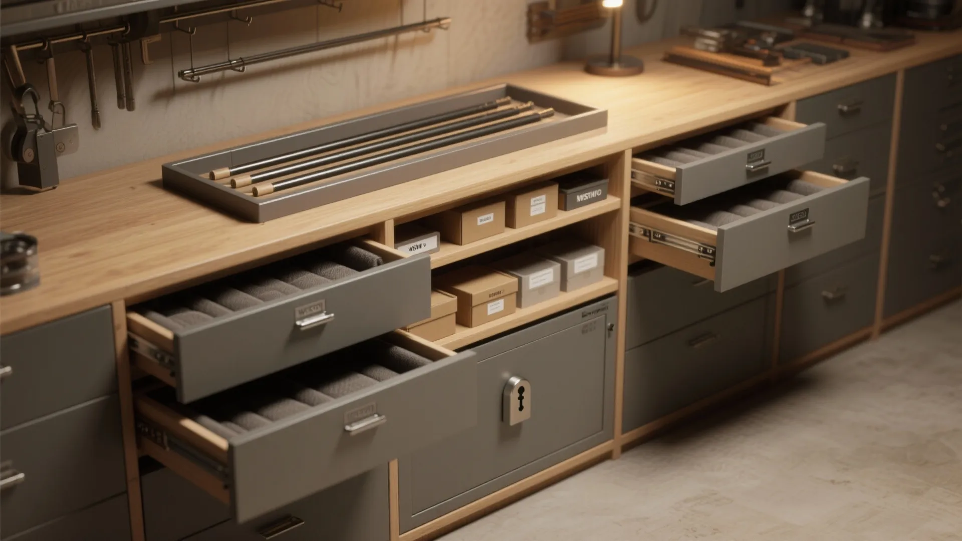 Modern wooden storage cabinet with open grey drawers for organized tools and small storage boxes