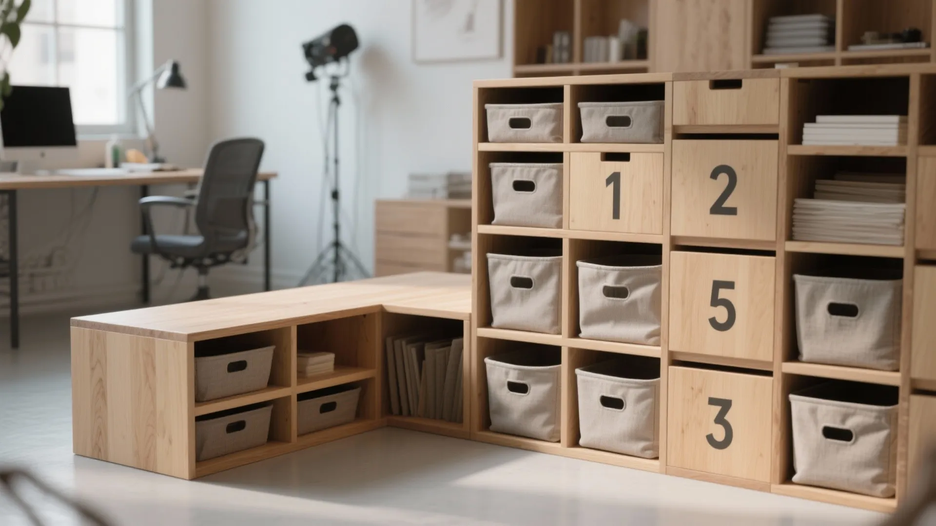 Light wood storage cabinet with numbered drawers and fabric bins in a modern home office setting