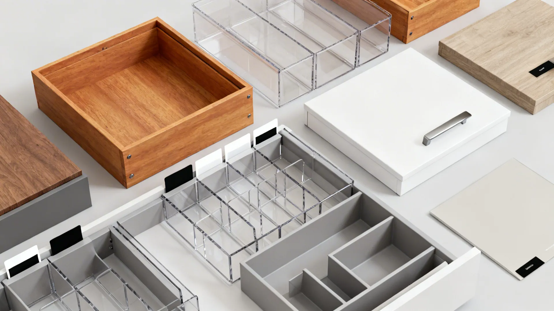 Flat lay of modular pantry drawers with clear bins and dividers in warm wood and white finishes.