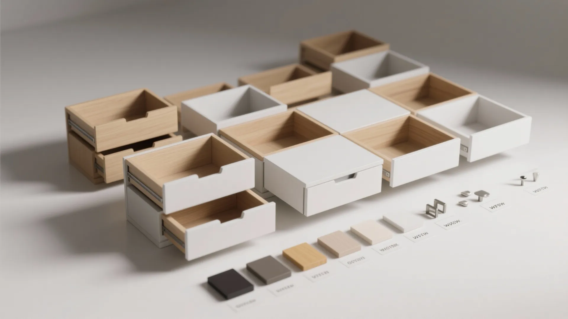 A variety of white and wooden drawer organizers shown with small color and material samples