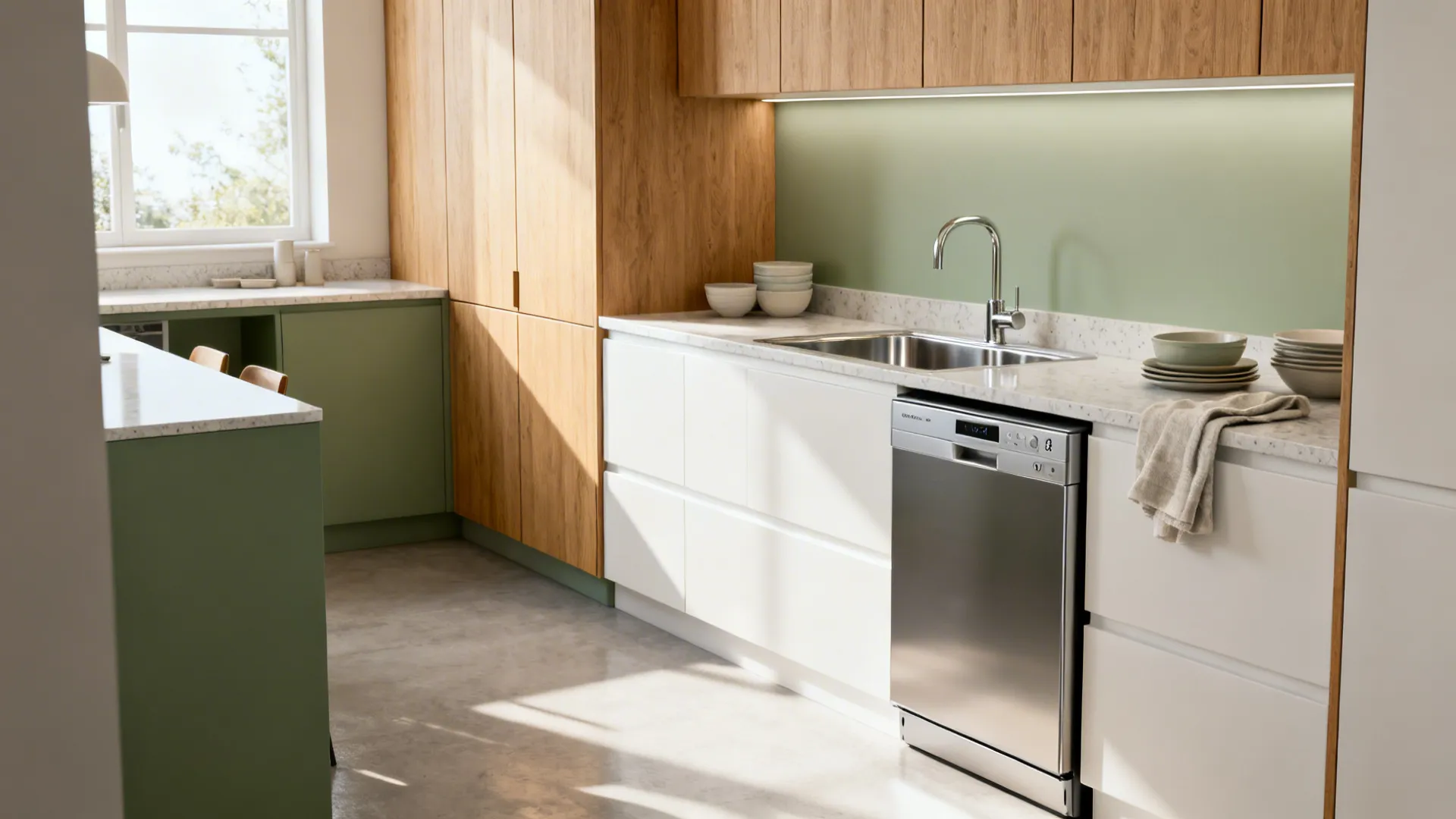 Stainless steel dishwasher under white countertop with green wall, wooden cabinets, and modern kitchen sink