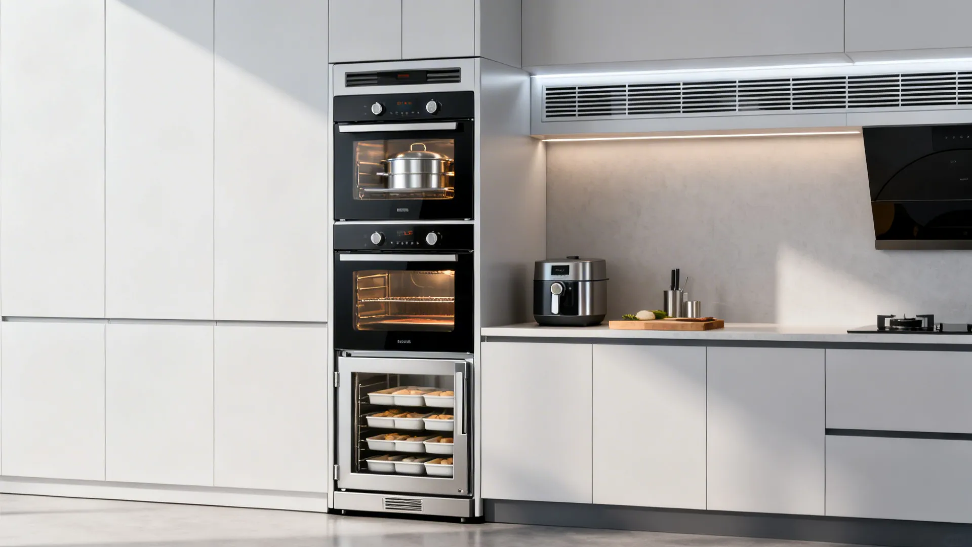Compact kitchen featuring a vertical stack of modular multi-use appliances with consistent finishes.