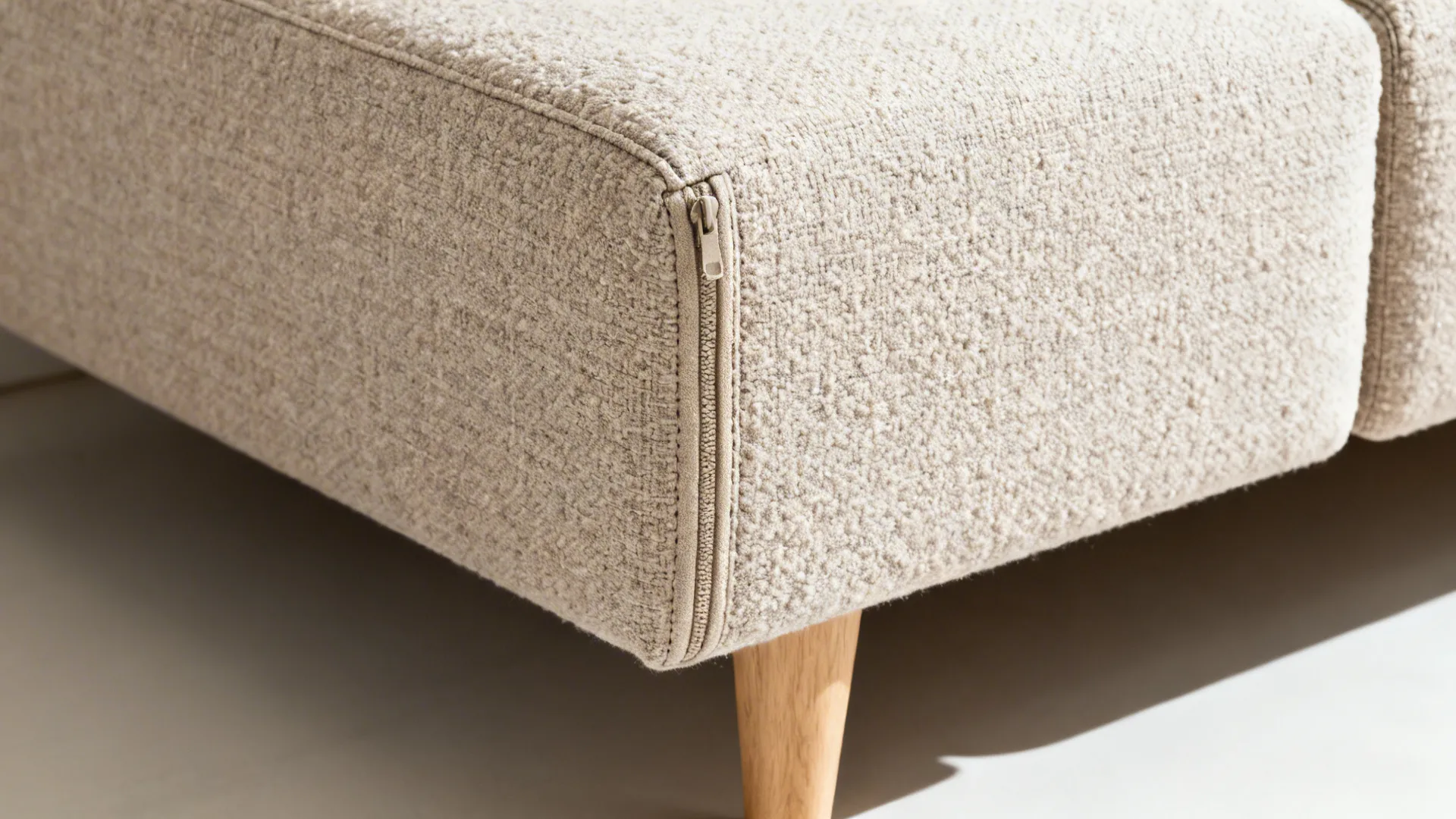 Macro view of a neutral bouclé slipcover with precise seams and a light wood leg.