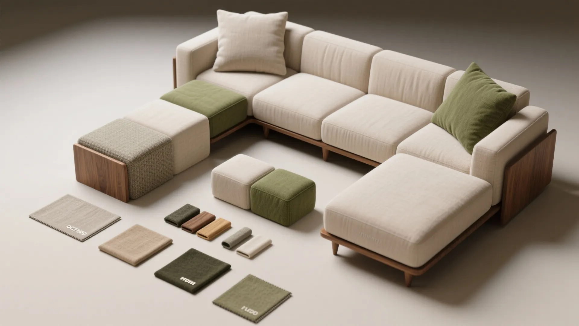 Modern modular sofa with cream and green fabric pieces plus several colored fabric material samples