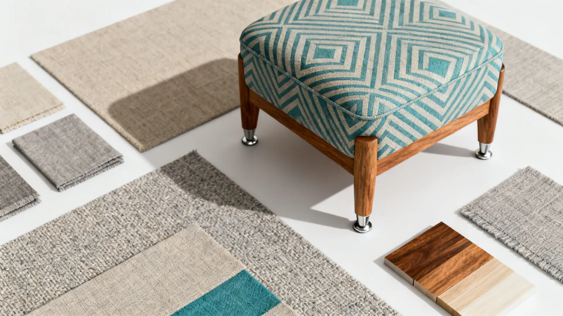 Fabric and material flatlay showing neutral upholstery swatches and an accent textile for an ottoman