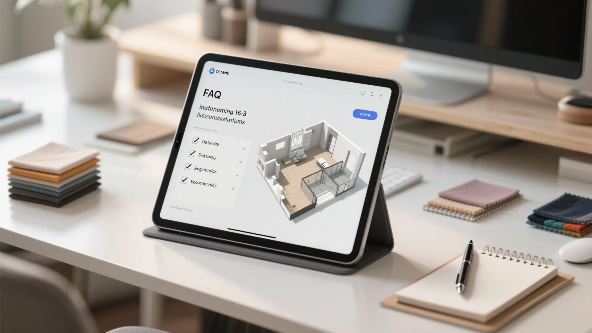 Tablet on office desk showing FAQ screen with 3D room layout and interior design features